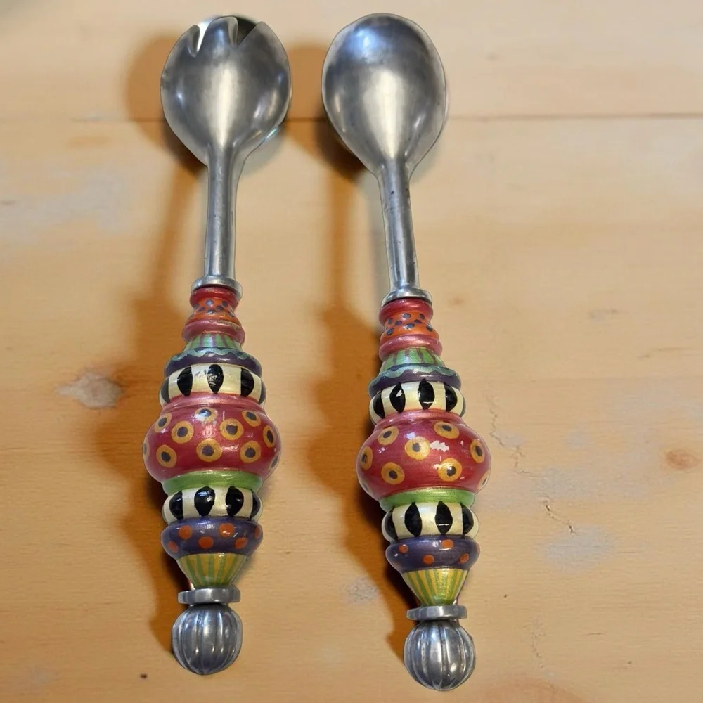 SouthCoast Folk Painted Handles Stainless Steel Salad Servers 12.5